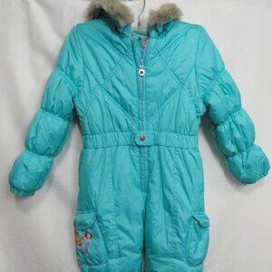 Pampolina Teal Toddler Snowsuit Zip Up Fleece Lined Hood Fur Trim Size 2Y 24M 2T